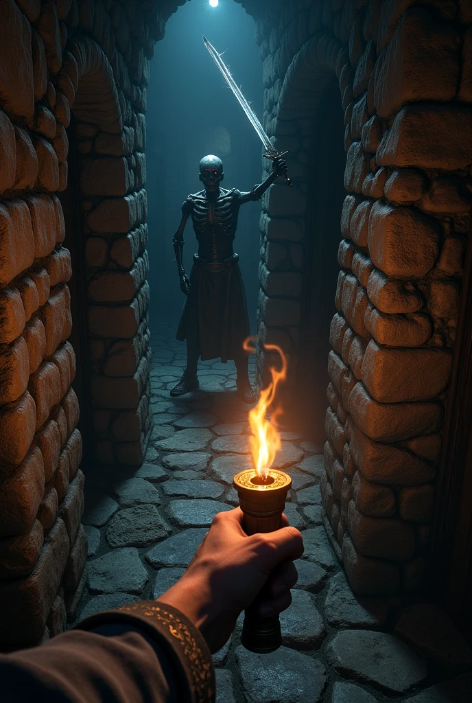 Draw a dark dungeon corridor, fancy, RPG, there is a hand as if it were the reader&#39;s hand holding a torch, as if it were a first person game where the player is exploring this dungeon, the corridor is very narrow and dangerous, in front of the player there is a skeleton holding a sword with dark magic around it