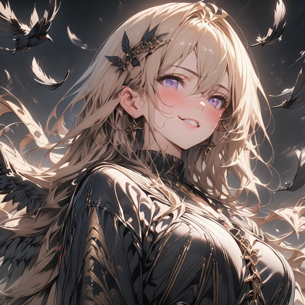 One personの女性、One person、Black Angel、fallen Angel、Dark Angel、Fluttering in the wind、(((masterpiece)), (Highest quality), (Ultra-high resolution), (Highest quality), (Very detailed), depth、Anime-style characters、SLR、Portraiture、whole body、A world with a black background、Black wings、Black feathers flutter、Black clothing、Shooting from below、Haircut for shaggy haircuts、Long Hair、Swearing Revenge