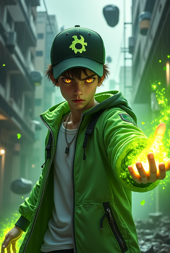 a man real age age . 19 Malaysia Indonesia.(orange eyes) Glowing green eyes . Anger face. Open mouth. . wearing an (Green white black )zippedshirt, (green black white) cap with small logo (flame and frost) logo. anger face . Dramatic.r(Green white blackpant,, detailed face, cinematic lighting, dramatic atmosphere,.hot day. vibrant colors, 8k, high quality, photorealistic. Hero suit. Came out torn leave from his hand. Glowing torn leave element from hand. Torn leave everywhere . Glowing hand magic light green , leave logo logo design . Very strong. Future design dress. Very epic Rainy day background.. dark sky. Very strong. very strong . frosting leave everywhere..green magical glow power from hand . At city. Damage building. Floating small rock everywhere. Big Thorn plant everywhere.