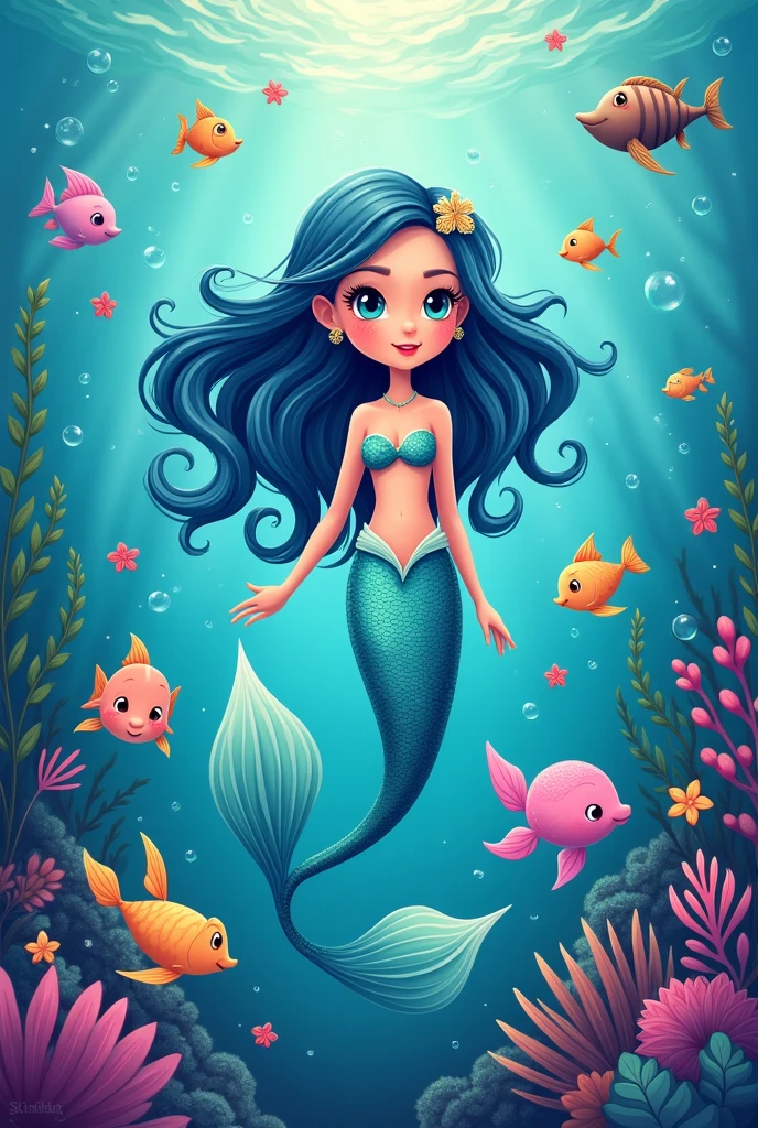 Create a 4K wallpaper with a cartoon mermaid depicting a happy expression, surrounded by relevant elements and set against a suitable background.