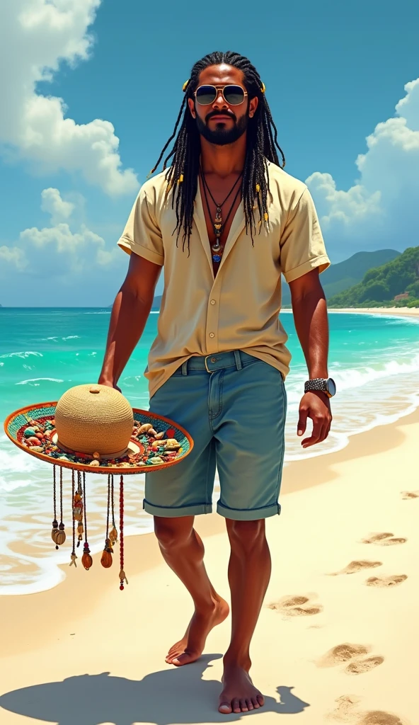create the image of a street vendor on a beach in Venezuela. The vendor is a white Venezuelan man with a builtfat type of body, he is a bit fat, a product of sun and exercise. His long, thick black hair is delicately braided and adorned with fine yellow highlights that contrast with his tanned skin. His hairline type is rectangular shaped. He has an asian van dyke sparse black beard . His eyes are protected by modern sunglasses, which give him a relaxed and carefree air. His clothing is casual and summery: beach shorts that reveal his thick and slightly muscular legs and a loose t-shirt, ideal for the tropical climate. His appearance conveys positive energy and a relaxed lifestyle. The colorful braids and handmade accessories complement his bohemian look and connected with nature. He is around 30 years old, he is an extroverted person, with a free and adventurous spirit. His job as a seller of handmade jewelry suggests an artistic sensibility and a deep respect for nature, since his products are made with organic materials such as snails. The place where he sells is a paradisiacal beach, with fine white sand, the turquoise sea stretching to the horizon. The sun shines brightly, creating a warm and welcoming atmosphere. A gentle sea breeze caresses the skin and the sound of the waves breaking on the shore accompanies the scene. The seller walks at a leisurely pace along the shore of the beach, leaving footprints in the sand. His bare feet feel the soft texture of the sand as he looks out to sea. In one hand he carries a colorful tray with his handmade creations, necklaces and shell bracelets, which he proudly displays to potential buyers. His other hand gently swings a straw hat, which protects his face from the sun. Tourists strolling along the beach are attracted by his unique and original products, stopping to admire his creations and chat with the seller.
