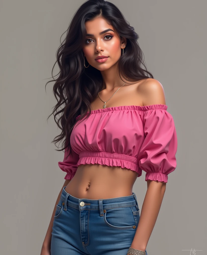 ((extreme detail)),(ultra-detailed), extremely detailed unity 8k wallpaper,best quality, masterpiece, Mannara Chopra, off shoulder,  pink crop top, blue denim pant