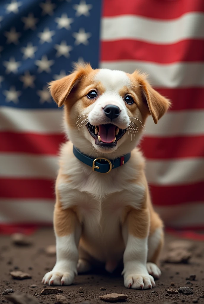 THE USA FLAG WITH A PUPPY IN HAND THREATENING THE UNITED KINGDOM FLAG 