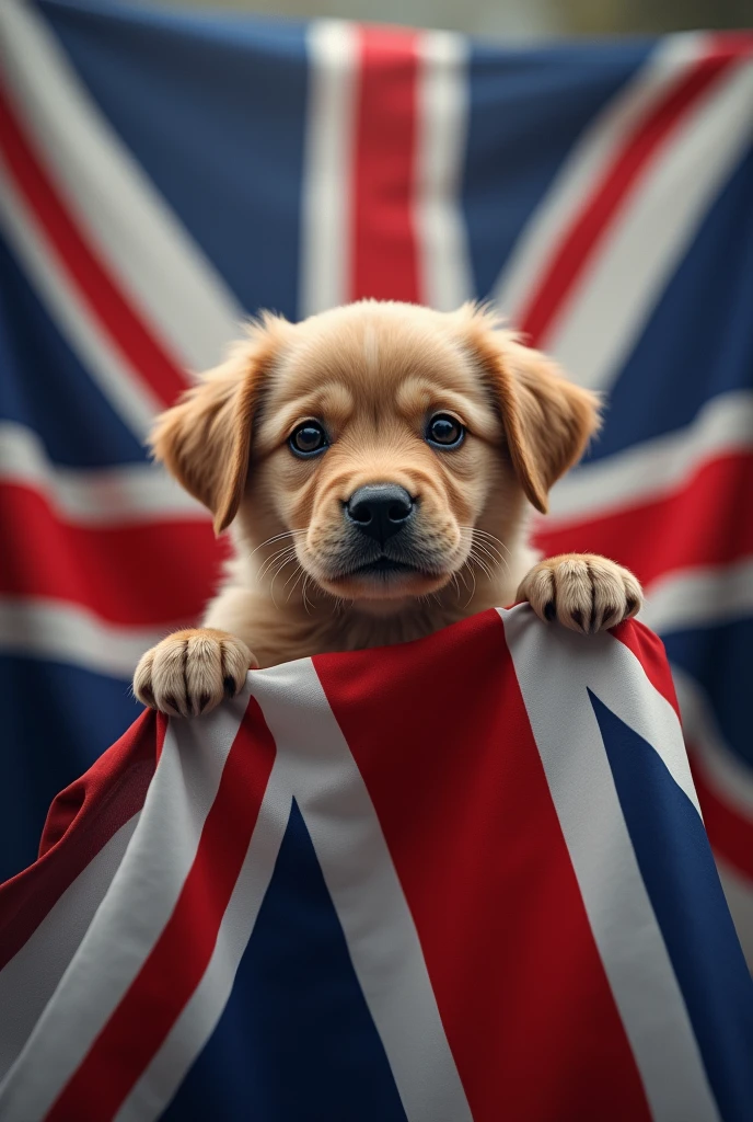THE USA FLAG WITH A PUPPY IN HAND THREATENING THE UNITED KINGDOM FLAG 