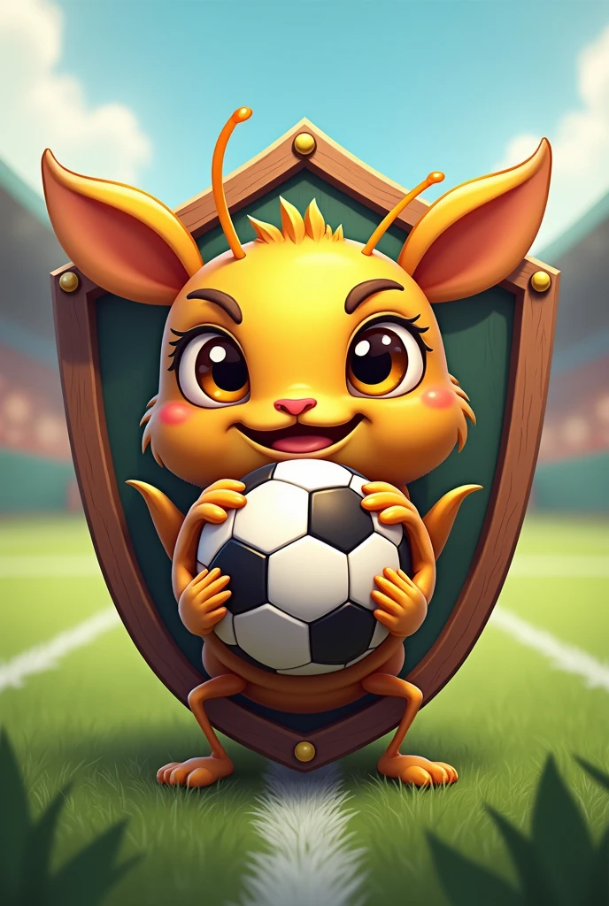 Make a football shield, which has a cricket as the main character, This one has a soccer ball in its paws but it&#39;s cute, like a baby cricket