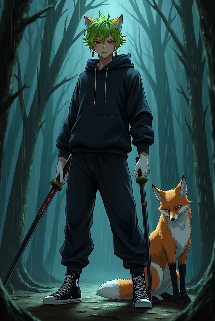 Man with green hair and yellow tips and red eyes with 1 katana, with a black hooded sweatshirt and soft black pants with white gloves, dark skin tone, but of course, with a psychopathic look, with black and white tennis shoes and 2 small knives, with a fox, with red earrings, anime style, standing posture, in a forest at night raining 