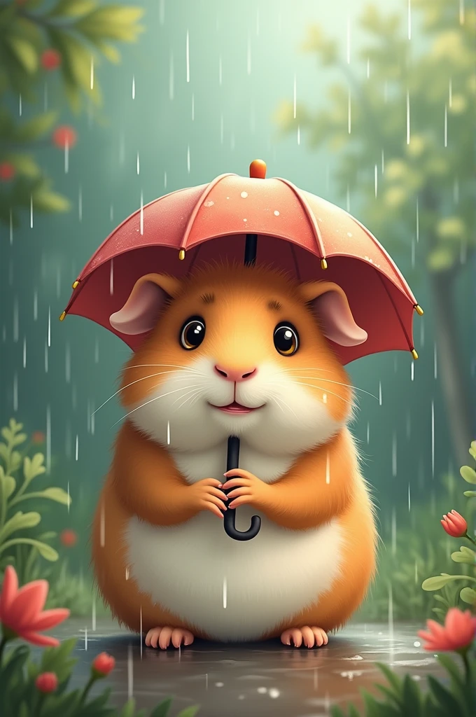 A guinea pig in the rain with an umbrella 