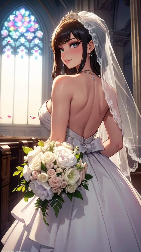 Pose: 1girl, masterpiece, highres, sonicedges_rias_gremory standing with her back to the camera, head turned to look over her shoulder.
Expression: Soft, confident smile with eyes looking into the camera.
Attire: Elegant ((wedding dress, bridal veil, wedding, bouquet))that complements the glamorous setting.
Hair: Styled to cascade over one shoulder, with light waves.
Makeup: Subtle yet elegant, with emphasis on the eyes and lips.
Background: A softly blurred wedding church.
Lighting: Warm, soft lighting that highlights the woman's features and adds a glow to her skin.
Accessories: Minimal, such as a pair of delicate earrings or a simple necklace.
Mood: Elegant, confident, and slightly mysterious.