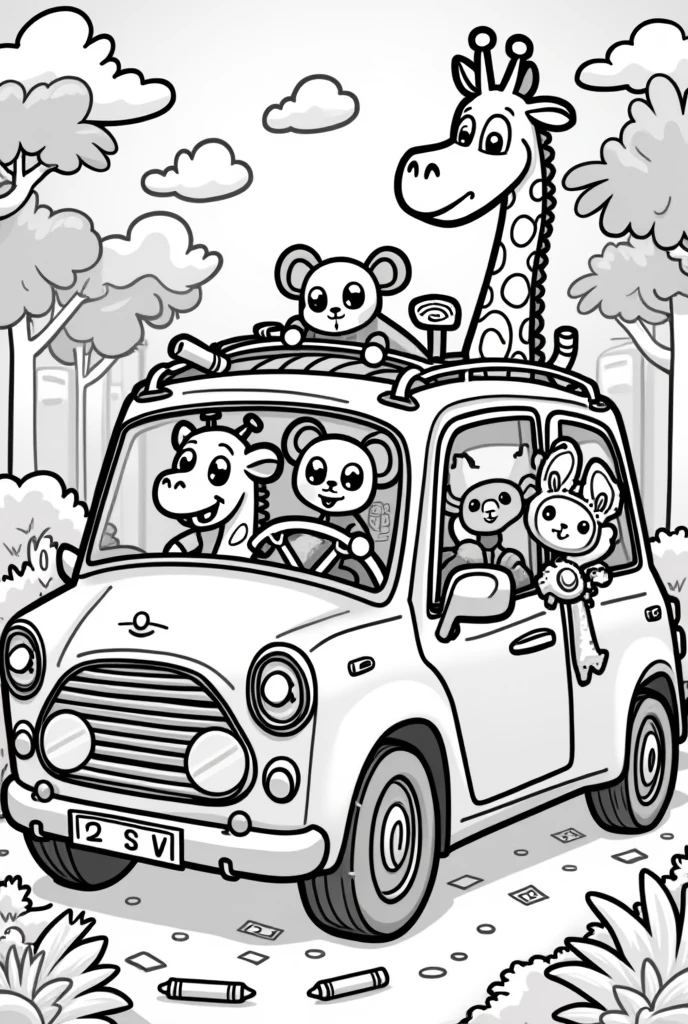 Animals inside cars for kids to color