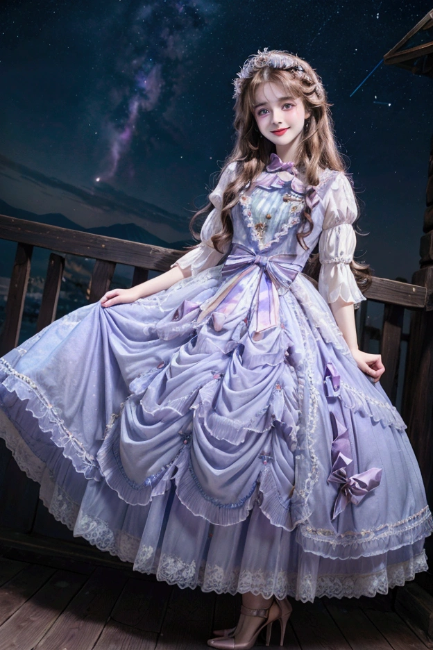 Dramatic light, straight angle, big blue eyes, pretty and cute 18 year old girl, smile, pale white skin, rosy cheeks, princess crowd, wavy messy brown hair, pastel purple princess dress, high heels, night sky view, stars, stars on dress