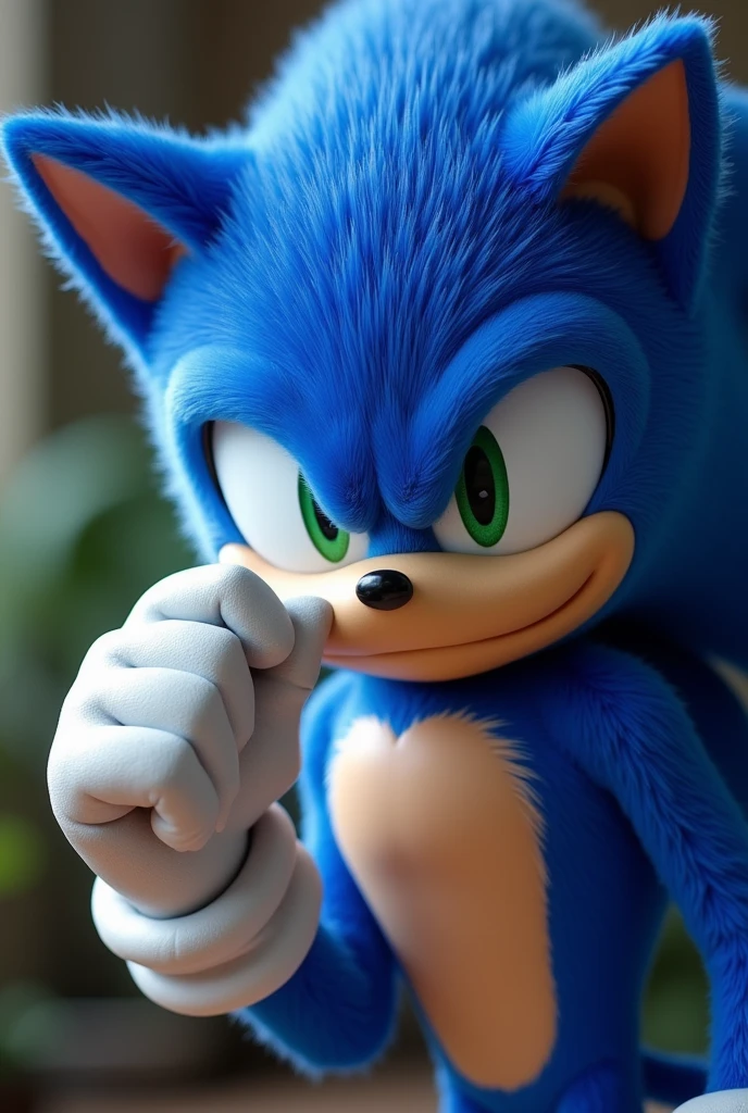 Blue sonic stroking his precumming large penis, looking a viewer and smirking.