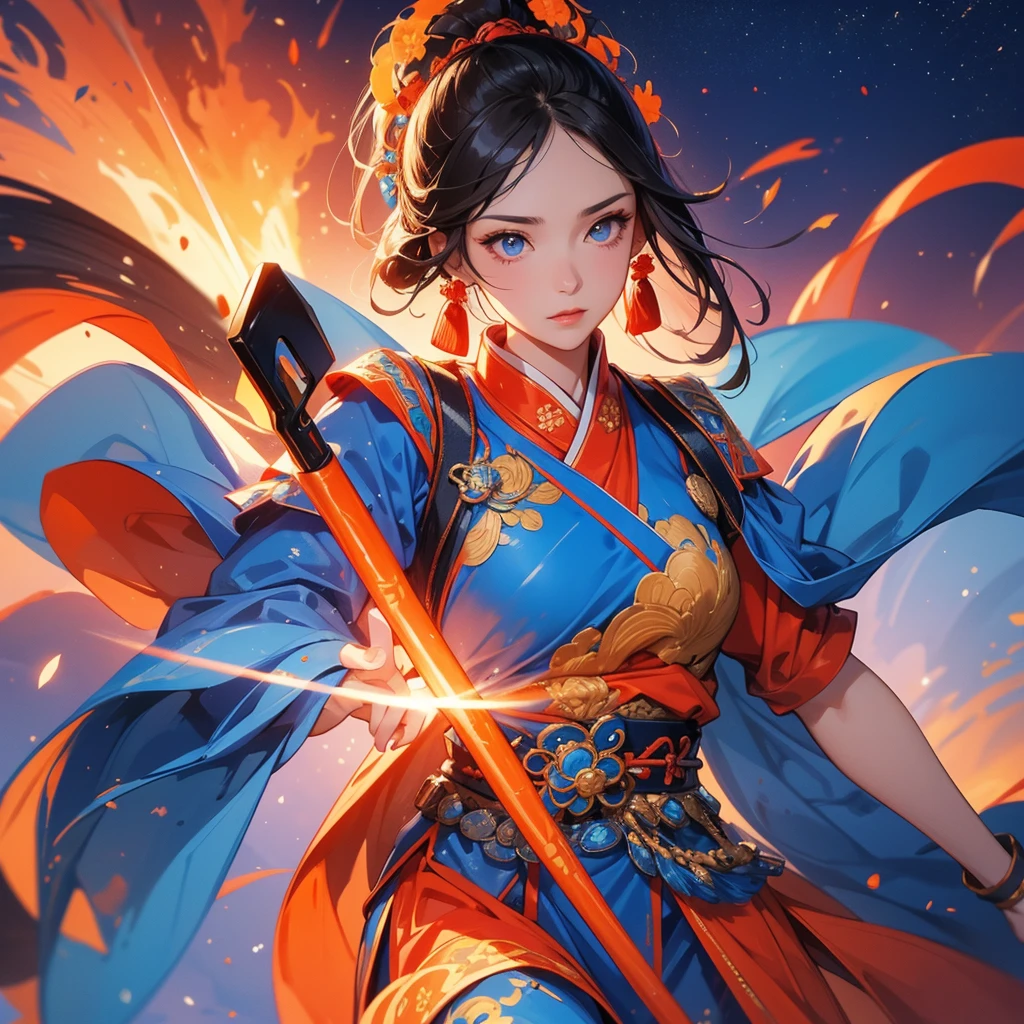 A beautiful female general holding a large spear in blue ancient Chinese general costume, Surrounded by a volcano erupting, red and orange, surrounded by volcanic rocks, sunset, close up.