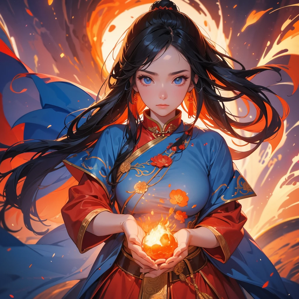 A beautiful female general holding a large spear in blue ancient Chinese general costume, Surrounded by a volcano erupting, red and orange, surrounded by volcanic rocks, sunset, close up.