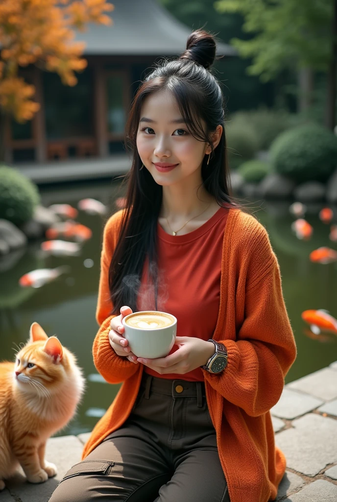 Beautiful Korean girl, white skin, well-groomed face, faint smile, facing forward, long straight black hair tied, orange knit jacket, red t-shirt, dark brown cargo pants, wearing a cool watch, sitting by the koi pond, with lots of fish koi swimming, holding hot coffee, large Angora cat with a very beautiful luxury house in the background, original photo