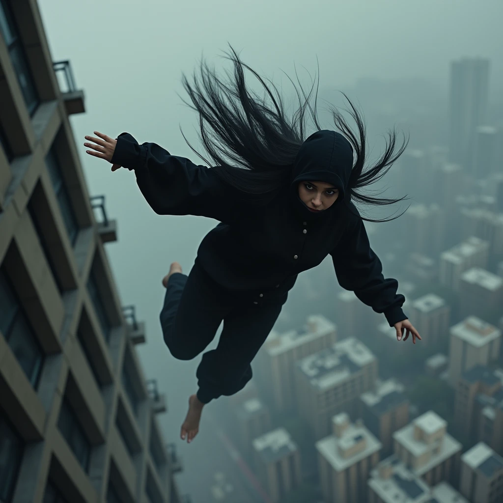 Create a long black haired woman wearing a balaclava and full black pajamas,Whole body,falling from a building