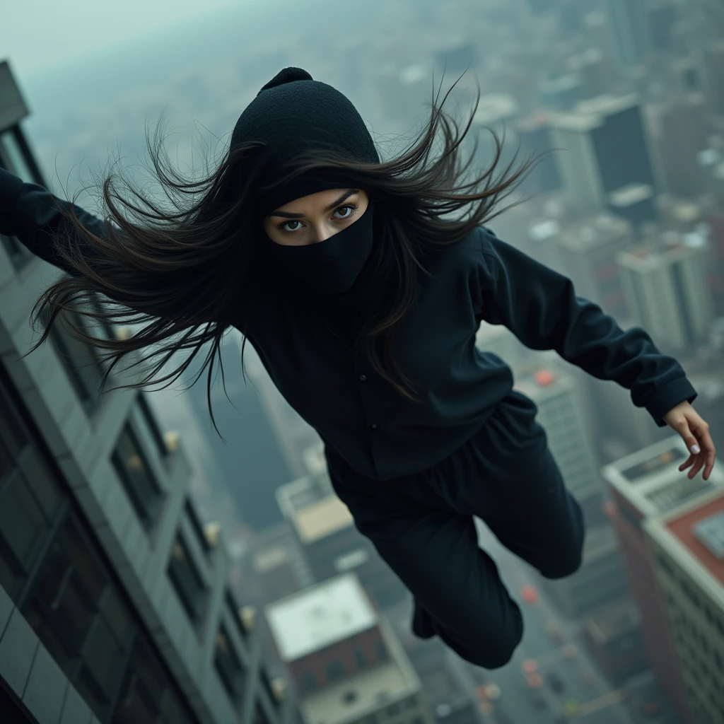 Create a long black haired woman wearing a balaclava and full black pajamas,Whole body,falling from a building
