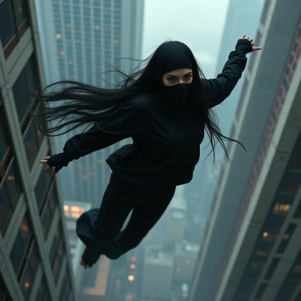 Create a long black haired woman wearing a balaclava and full black pajamas,Whole body,falling from a building 