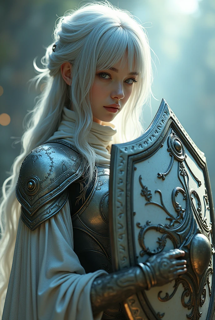 Surreal　Very detailed　Ultra Fantasy　Ultimate Details　Ultra-high resolution　8K 32k 3D 　Clear Eyes　Silver髪　　In his left hand he holds a magnificent medieval shield　mechanical engineering　Mechanic Art　　intricate and elaborate design, money, Silver　Dynamic pose　Robotics　Cinema Lighting　The Rosesgun nameplate is inside the shield.　Girl　Gauntlet　