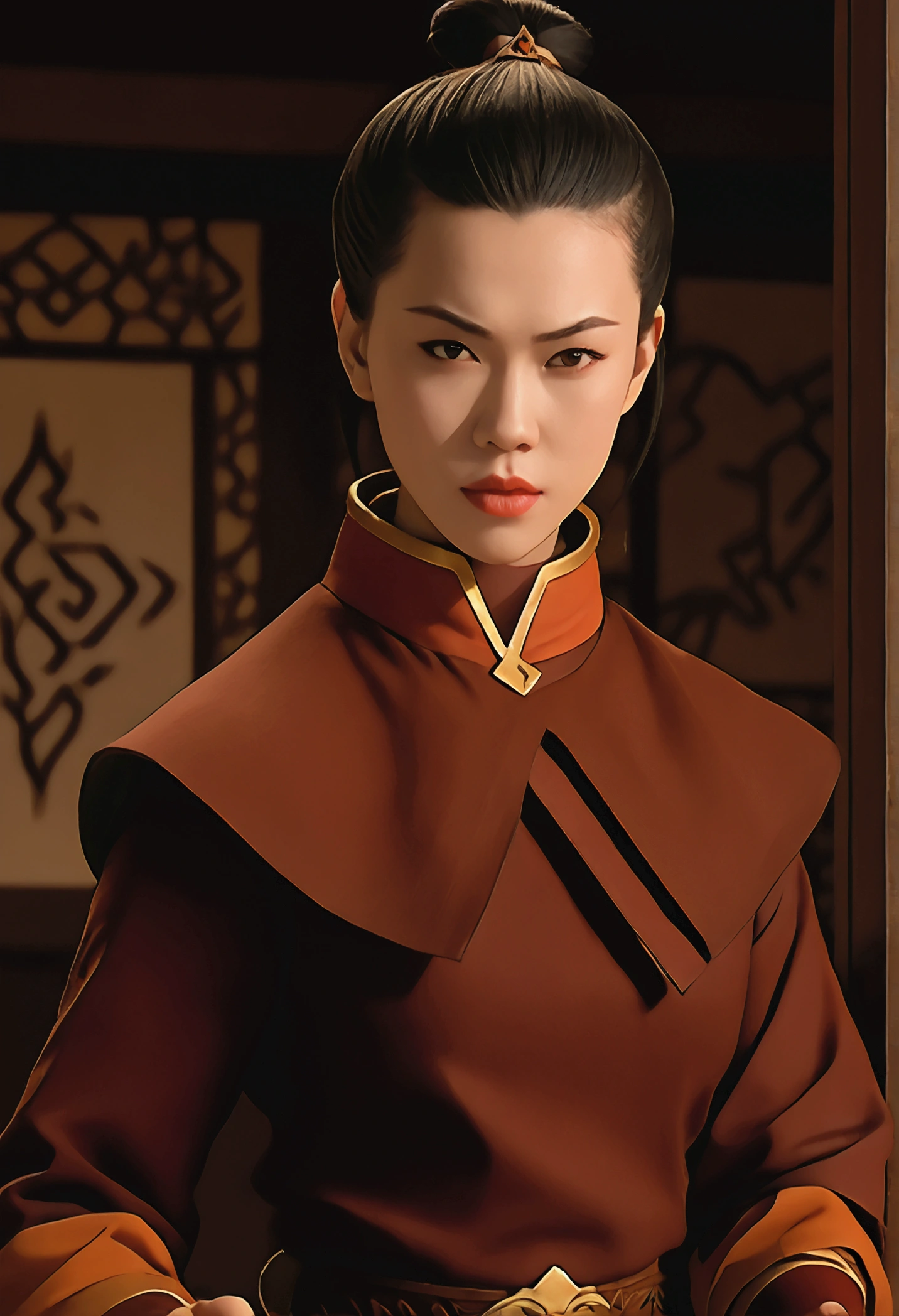 Beautiful, Masterpiece, Best Quality, extremely detailed face, perfect lighting, Cowboy shot, 1girl, Azula, the perfect body, taut clothes, seductive, pomade, makeup, looking a viewer, wide thighs