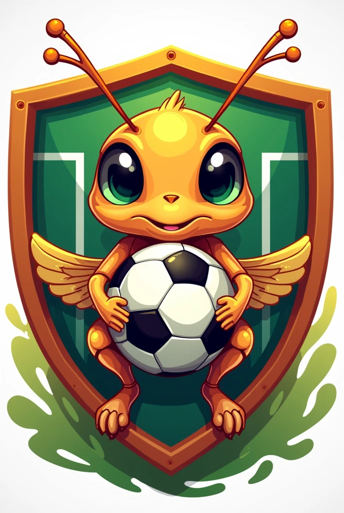 Make a football shield, which has a cricket as the main character, This one has a soccer ball in its paws but it's cute, like a baby cricket but it's obvious that it's a cricket