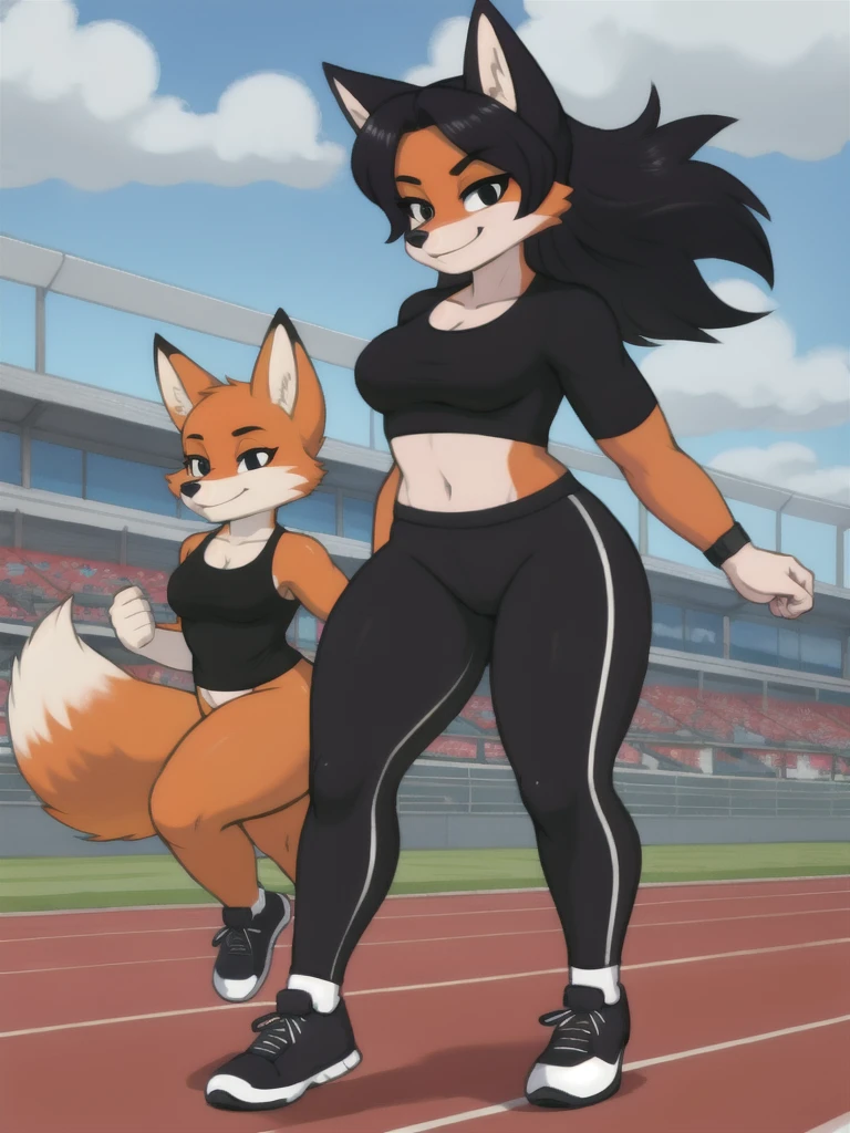 Furry, fox, female, black shirt, black leggings, shoes, running track, friends, full body