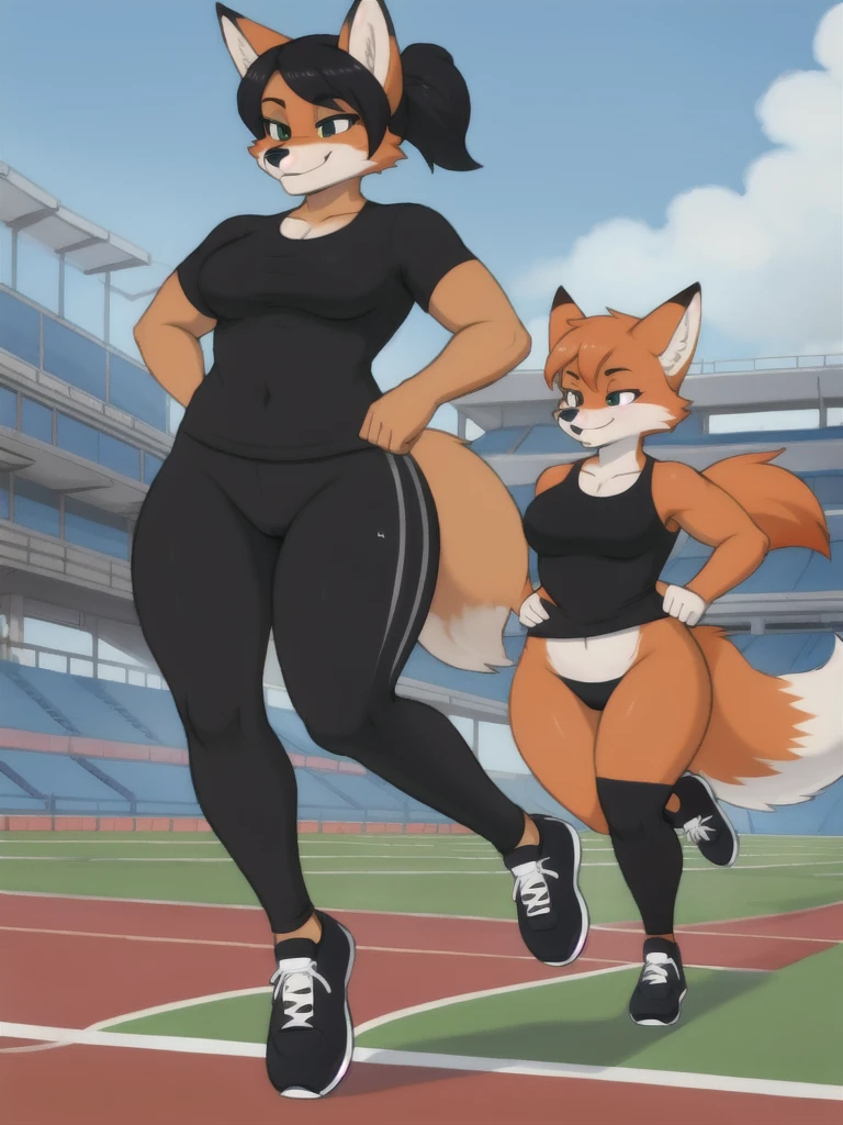 Furry, fox, female, black shirt, black leggings, shoes, running track, friends, full body