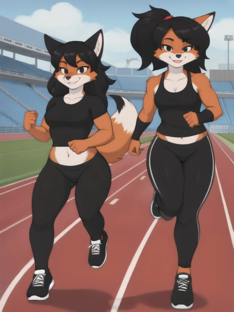 Furry, fox, female, black shirt, black leggings, shoes, running track, friends, full body