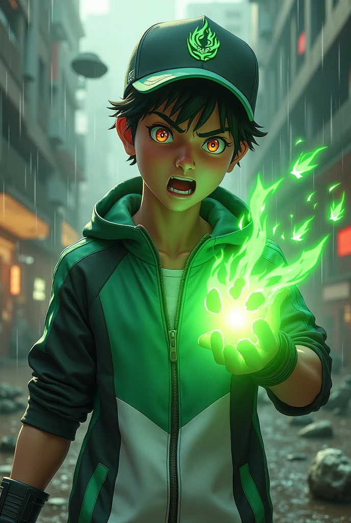 a man real teenage age . 19 Malaysia Indonesia.(orange eyes) Glowing green eyes . Anger face. Open mouth. . wearing an (Green white black )zippedshirt, (green black white) cap with small logo (flame and frost) logo. anger face . Dramatic.r(Green white blackpant,, detailed face, cinematic lighting, dramatic atmosphere,.hot day. vibrant colors, 8k, high quality, photorealistic. Hero suit. Came out torn leave from his hand. Glowing torn leave element from hand. Torn leave everywhere . Glowing hand magic light green , leave logo logo design . Very strong. Future design dress. Very epic Rainy day background.. dark sky. Very strong. very strong . frosting leave everywhere..green magical glow power from hand . At city. Damage building. Floating small rock everywhere. Big Thorn plant everywhere.