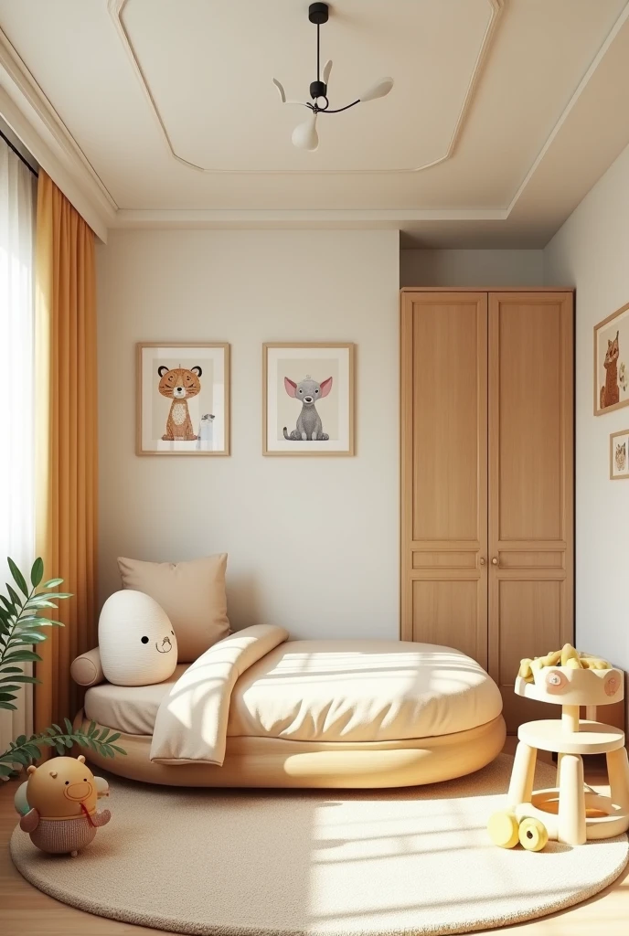 Professional 3d architecture rendering design of modern and light moss and so light Thunder and light cream and light orange wooden Modern and minimal design for chid bedroom and light cream carpet with animals painting and white painting wall and light wooden closet with animals painting and modern ceiling lighting and modern curtains for chid room and the child bed similar globe and safety chair for chid and many toys