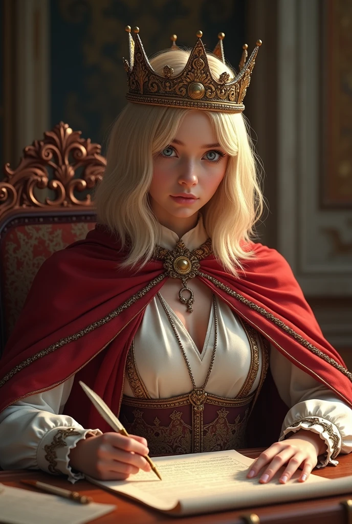 (masterpiece: 1.2, best quality), Practical, (Practical Picture, Intricate details, Depth of Field), best quality, masterpiece, Very detailed, Semi Practical, 1 girl, Mature female, 2, blond, Shoulder-length hair, Left eye covered by hair, blue eyes, King&#39;s Clothes, Red cape, Slim body, A crown made of precious gold, Read the document, Tag the file, quill, desk, Soft stool, palace, 在palace殿里, In the Middle Ages