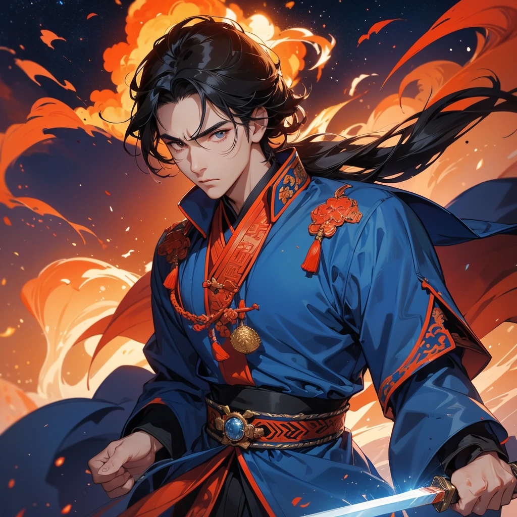 Handsome black-haired male general holding a large sword in blue ancient Chinese general costume, Surrounded by a volcano erupting, red and orange, surrounded by volcanic rocks, sunset, close up.