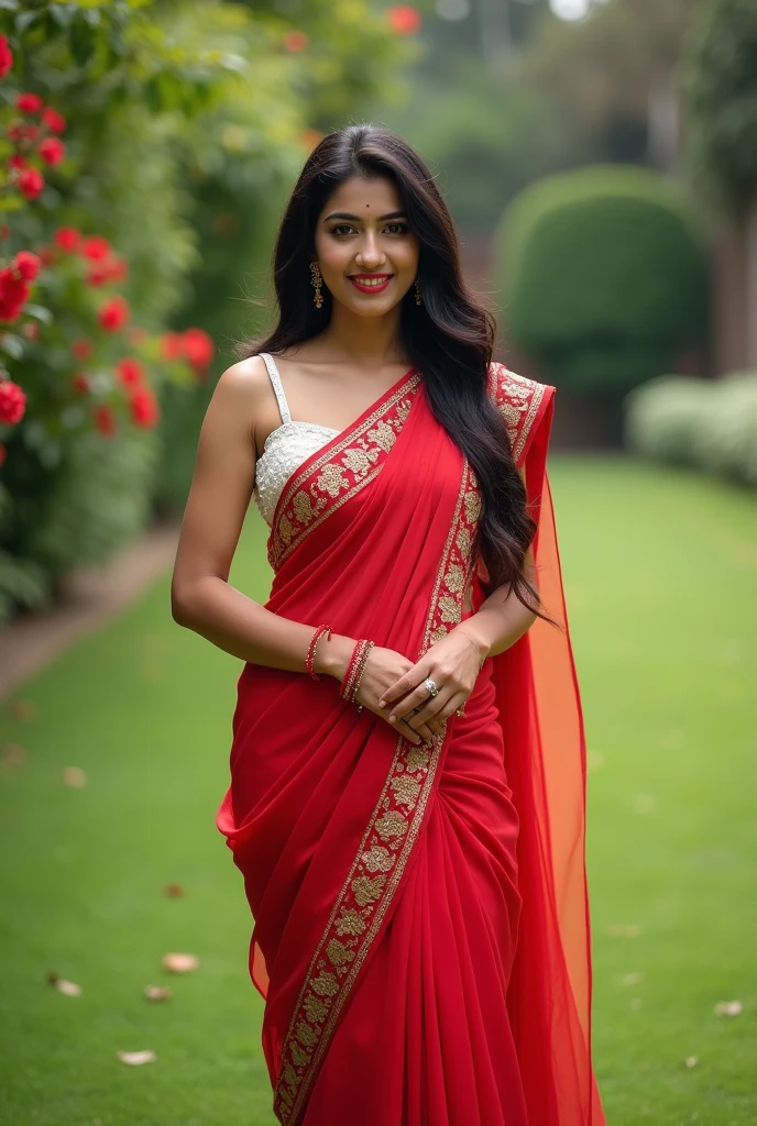 25yr old Indian Wife in the garden, wearing red embroidered net saree , HDR, 8k, hyperdetailed, best quality, ultra-high resolution, HDR, 8k, perfect body with curves, perfect breasts, big smile, (high quality detailing:1.6 face eyes nose ears lips curves skin body parts), 8k, having perfect body, walking on the lawn, , look at viewer, waist level view, White Bra
