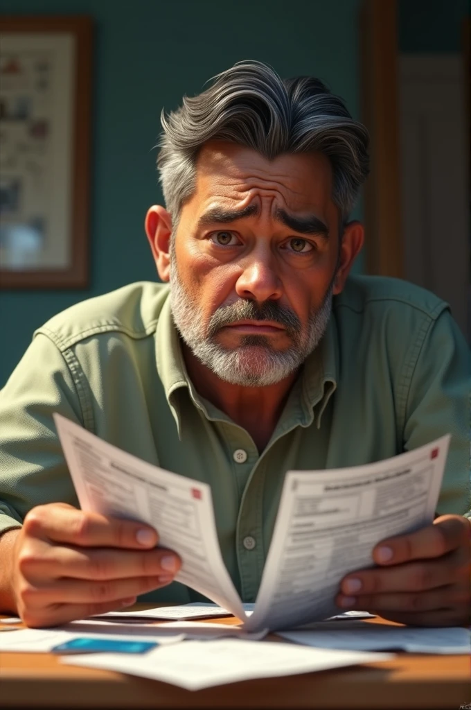 Juan looking at several bills and a credit card with a worried expression