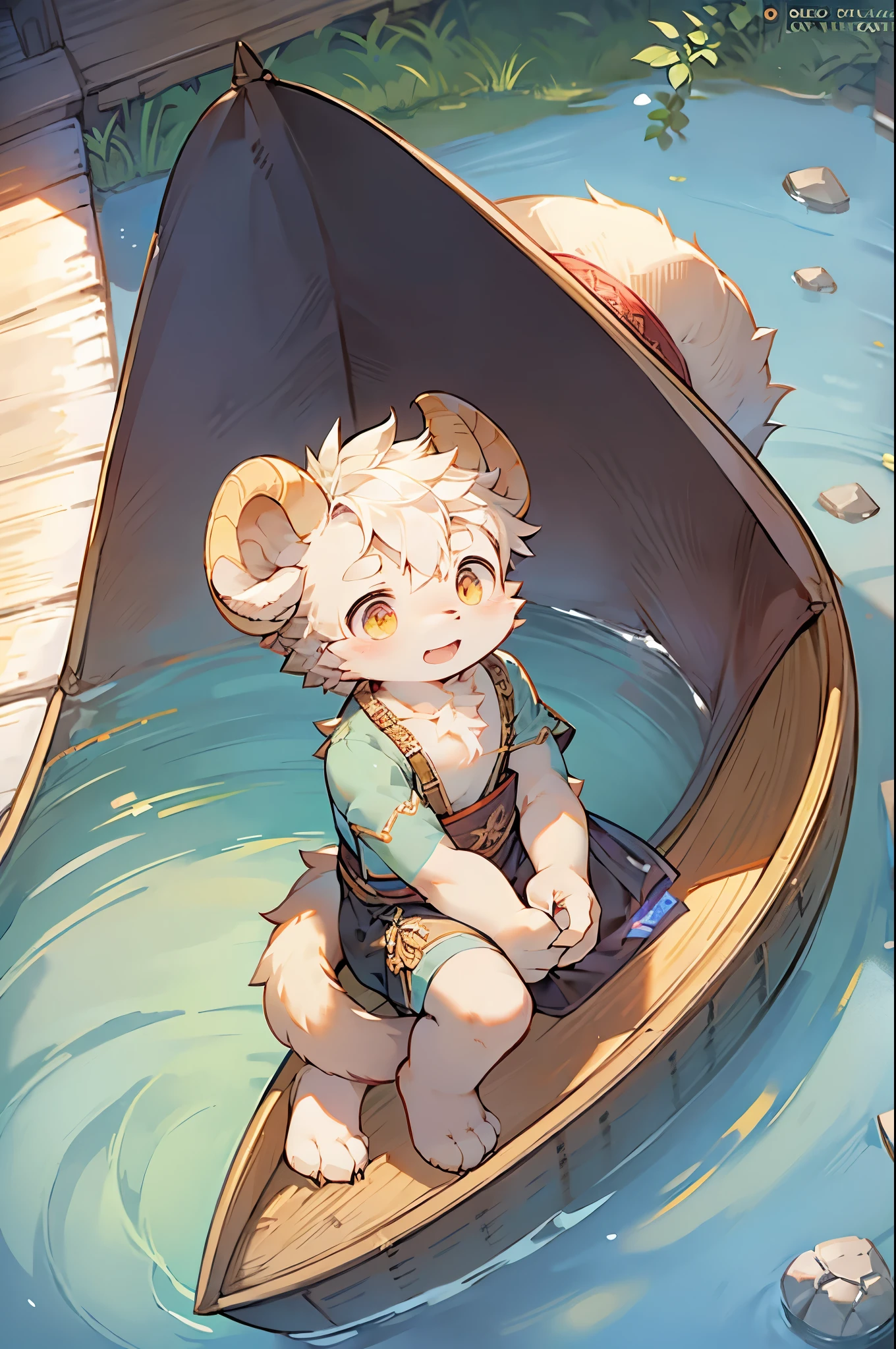 Goat Boy,Infant and child characteristics,Arav man wearing a straw hat sitting on a boat, Dressed in ancient Chinese costumes,