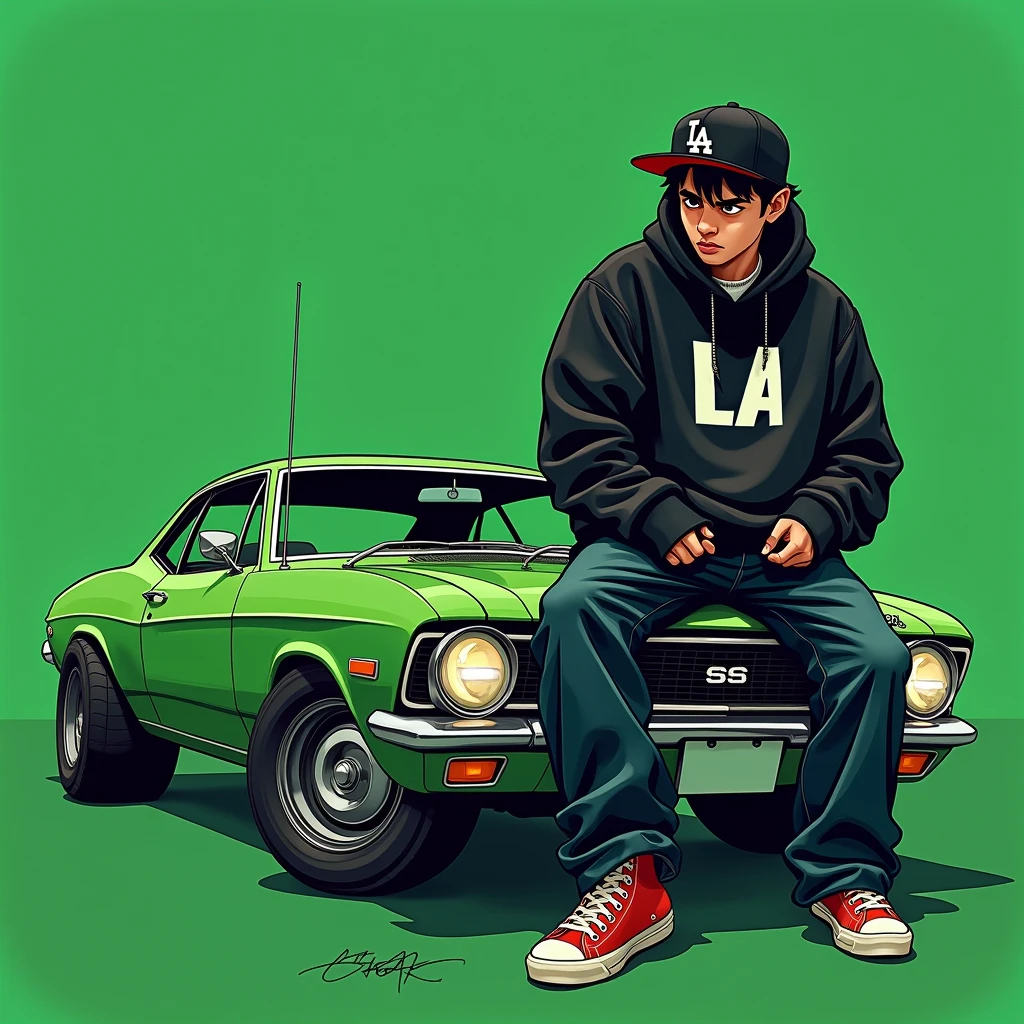 G-FUNK Hip Hop album cover, green background, green car, with the words If WONA behemes a gangster on the back of the picture, an Asian teenager wearing a black LA hoodie, a black LA ball cap with a deep press and a wide pair of jeans down, a troublemaker boy sits on the bonnet of a car and lets the car out to the side
