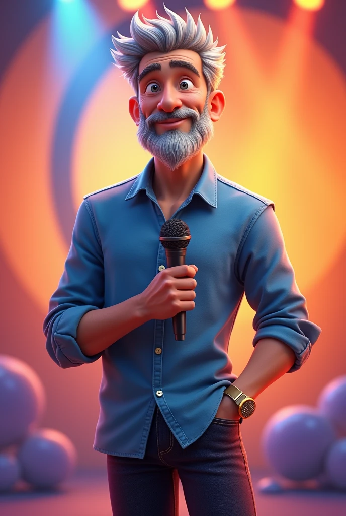 A male character of approximately 30 years old, with very short, spiky gray hair and a gray beard, short and well-groomed. Your skin is white, and he has expressive eyes that convey a mixture of wisdom and seriousness. His face has soft and friendly features, with expression lines that suggest seriousness. He is of average height and has a slim physique., weighing about 76 kg. Wearing a casual blue button-down long sleeve shirt , paired with comfortable dark jeans. On the feet, wears simple brown shoes, a gold watch on your wrist that complements your relaxed look. The character is holding a microphone, PNG background All in the vibrant, animated style characteristic of Disney Pixar films, with bright colors and soft shapes.