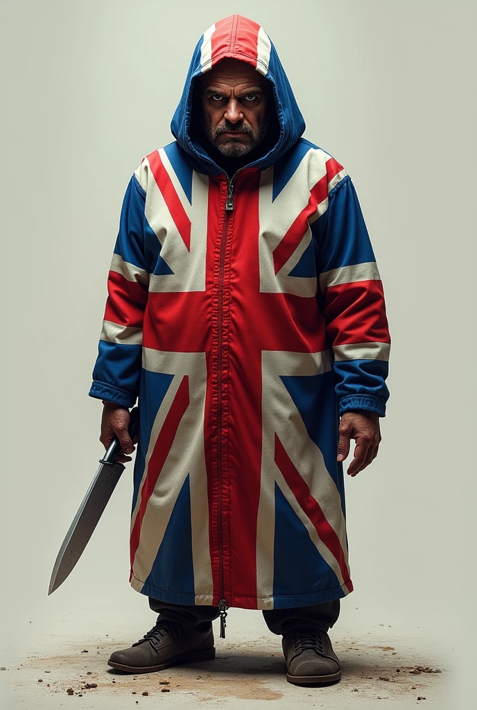 THE UNITED KINGDOM FLAG WITH A FACE, FEET AND HANDS WITH A KNIFE IN HAND