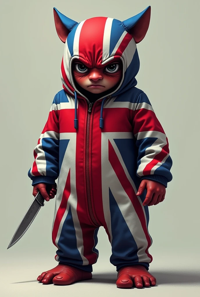 THE UNITED KINGDOM FLAG WITH A FACE, FEET AND HANDS WITH A KNIFE IN HAND 