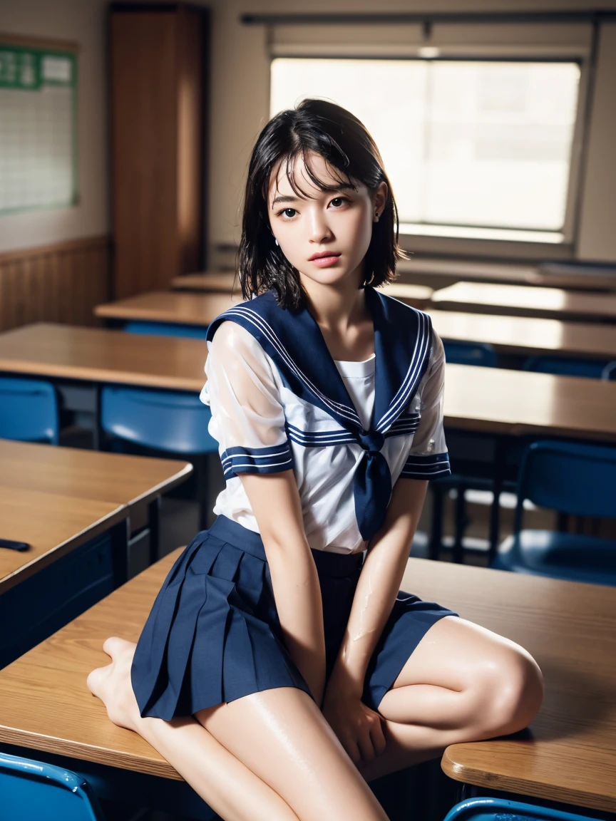 masterpiece:1.2, Very detailed, Ultra-high resolution, Realistic, photo Realistic:1.6, High-resolution RAW color photos, Professional photos, Sharp focus:1.2, Very detailed顔と肌の質感, Very beautiful eyes, Glossのある肌, Glowing Skin, Glowing Skin, Shining Face, Gloss, Oily skin, greasy face, Oily skin, greasy face,, real Glossのある肌 texture, Perfect Anatomy, Very detailed背景,(High school classroom at night),1 female,25-year-old woman, Japanese women,height: 168cm,short hair, Straight hair, bangs, Brown Hair,((Flat Chest:1.6)),Slender legs, (See-through white short-sleeved sailor suit、Navy blue pleated mini skirt:1.5、Sexy T-panties under skirt),((A sailor uniform that was wet from the rain and very transparent:1.5)),Earrings,((Sit on your desk with your knees upright))