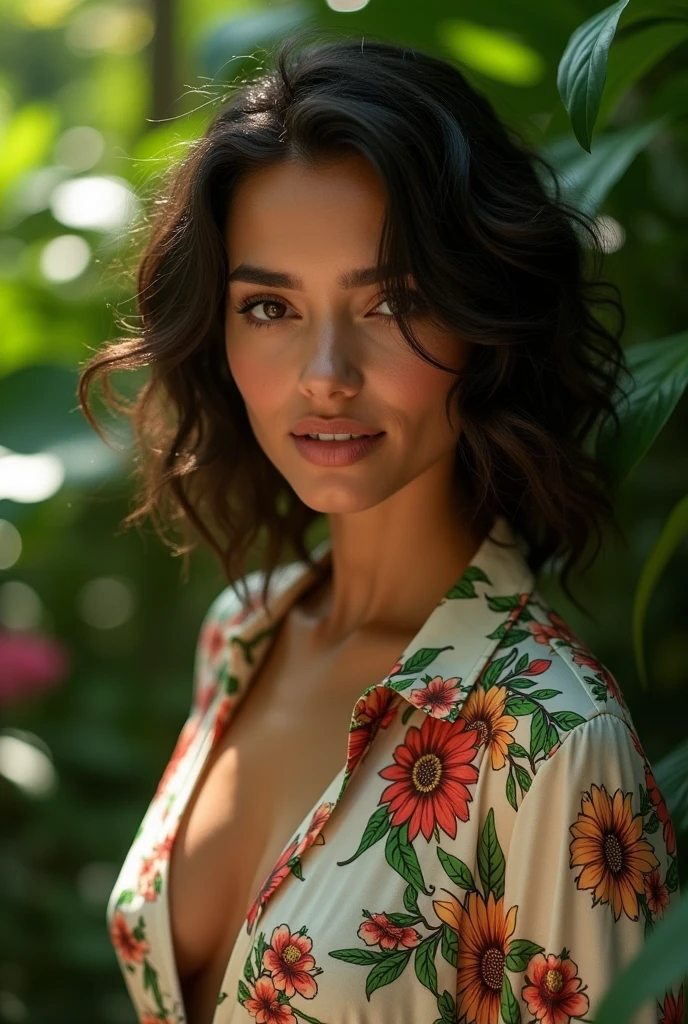 A Brazilian woman in a lush tropical garden, wearing an open shirt with a floral print, with a close-up capturing the harmonious beauty between her breasts and the natural flowers, showing off your natural charm and outgoing personality.