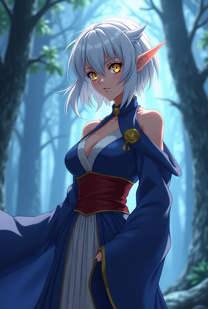 She is a woman with golden eyes, her full body looks like Inuyasha, she has ears, short white hair, and wears clothes like Sesshomaru&#39;s., He has a challenging look and an attitude like Inuyasha, being sometimes arrogant but with a good heart., the background is light blue and dark blue 
