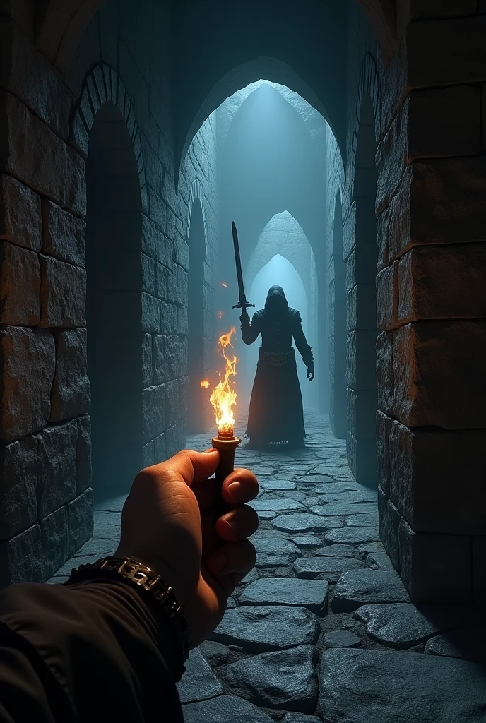 Draw a dark dungeon corridor, fancy, RPG, there is a hand as if it were the reader&#39;s hand holding a torch, as if it were a first person game where the player is exploring this dungeon, the corridor is very narrow and dangerous, in front of the player there is a hooded warrior raising his sword with dark magic around him