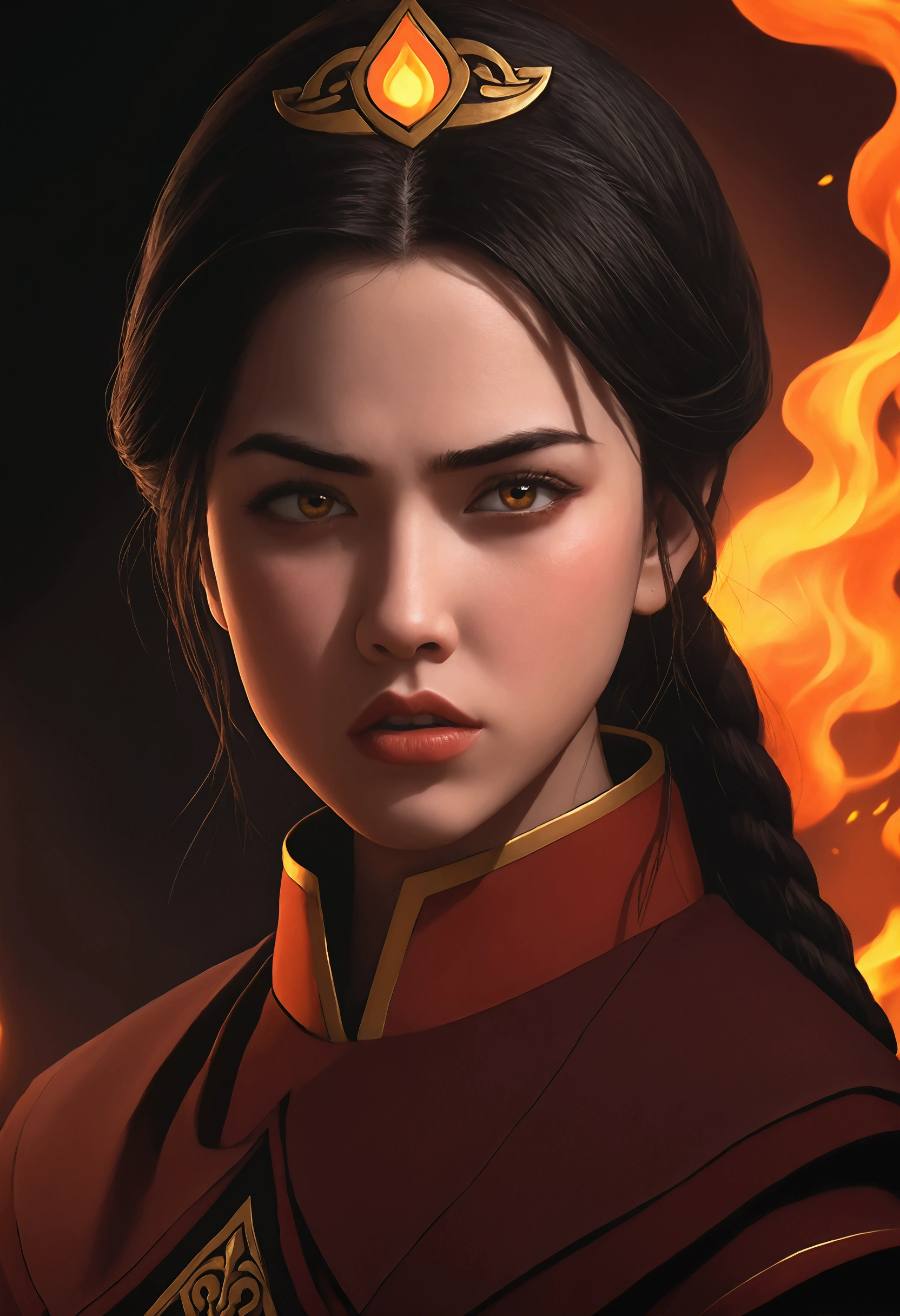 a  girl,beautiful detailed eyes,beautiful detailed lips,extremely detailed eyes and face,long eyelashes,1girl, dark hair,fire nation princess outfit,angry expression,dramatic lighting,dark fantasy,moody colors,cinematic lighting,fantasy,highly detailed,digital painting,concept art,vibrant colors,studio lighting,dramatic pose,powerful,dynamic composition