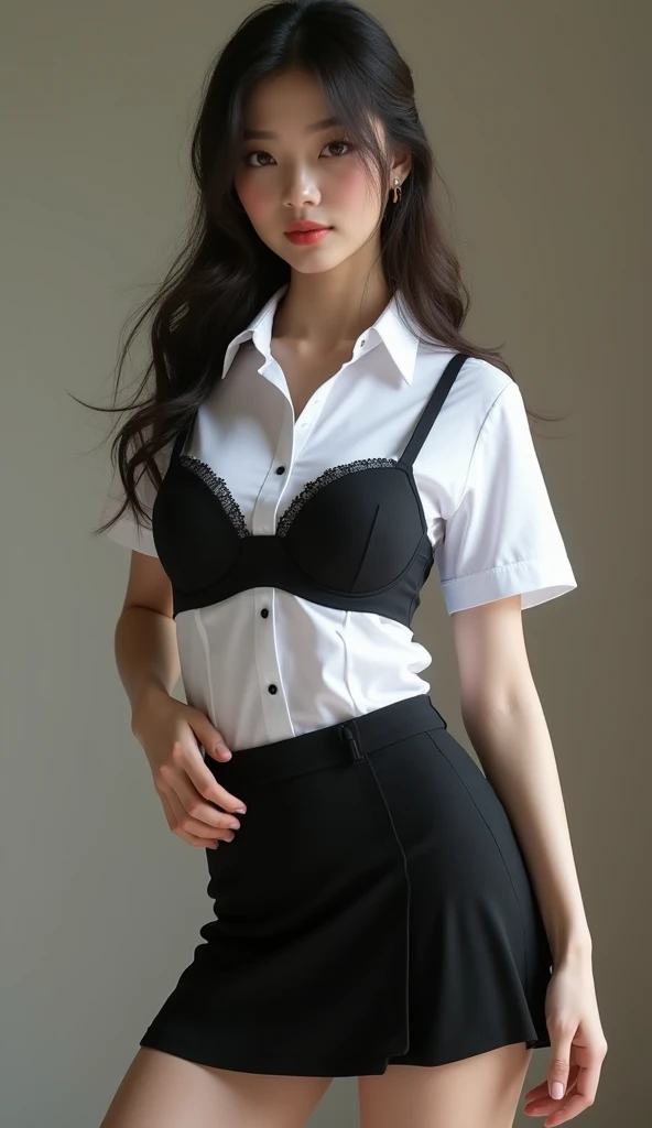 high quality, 8k, Ultra detailed, hdr, human only, ภาพนักศึกษาถ่ายรูปนูดชุดบิกินี่ อายุ 19 ปี เป็นหญิงเอเชีย, (beautiful bra, G shape),
wearing a Thai student uniform, a white short-sleeved shirt, a black short skirt,
a tight fit,