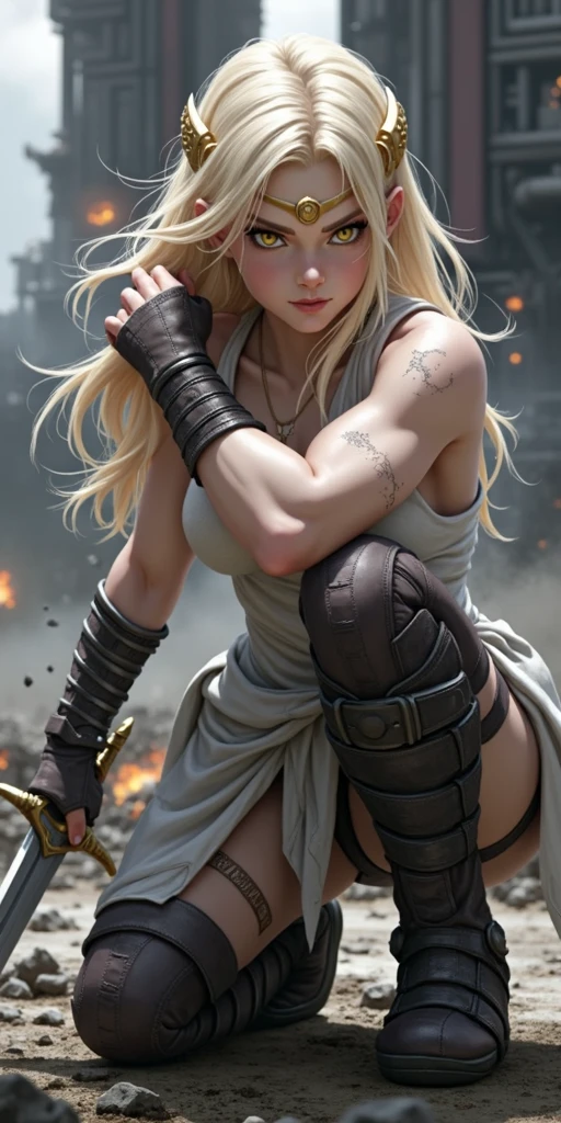strong woman, pose in heroic guard with one knee on the ground, torn clothes showing thick thighs, defined and detailed body, sexy, futuristic weapons, holding a vikings sword in her right hand, blonde hair, wearing a golden crown, bright yellow eyes such as strong light, fearless look, futuristic war scene, bomb, explosion of gun shots in the background, sand and particles around the scene.