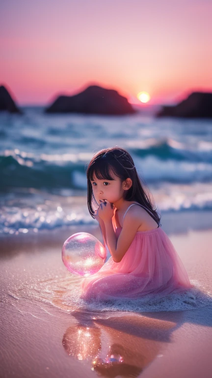 (8k, RAW Photos, Highest quality, Tabletop: 1.2), (Realistic, Realistic: 1.37) There are many pink beach, Cute girl,There is water, Mysterious Bubbles, bubble landscape, Pastel Pink, pink reflections, pearl sky,