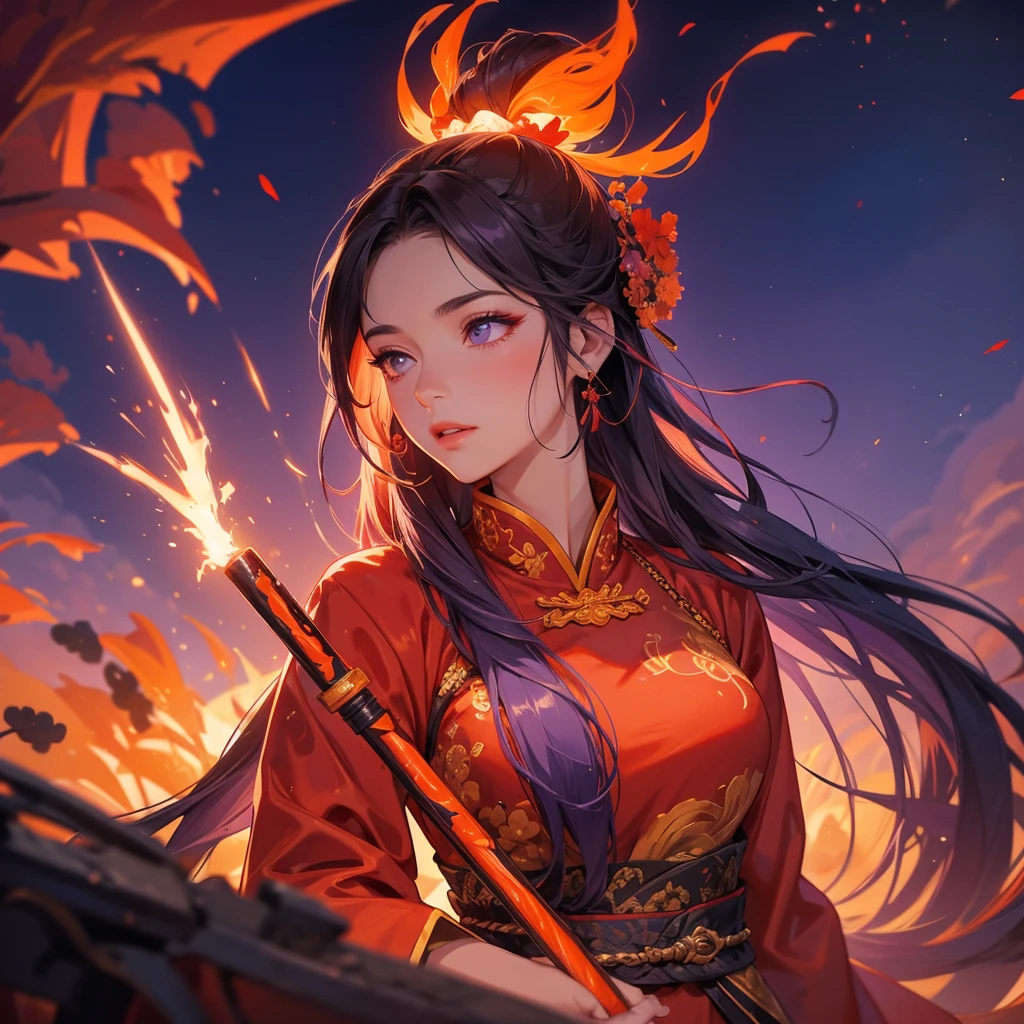 A beautiful female general holding a large spear in violet ancient Chinese general costume, Surrounded by a volcano erupting, red and orange, surrounded by volcanic rocks, sunset, close up.