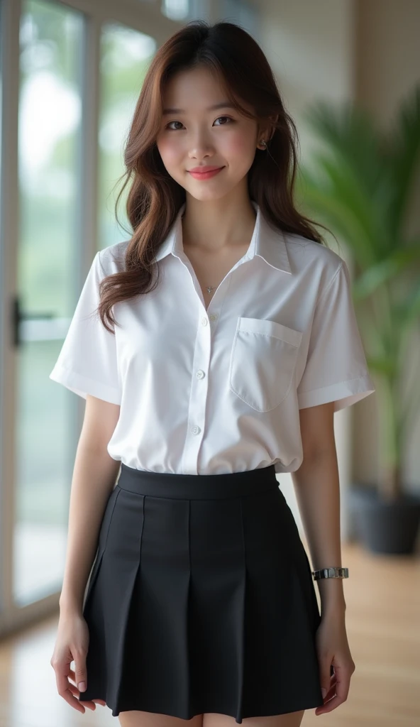 high quality, 8k, Ultra detailed, hdr, human only, ภาพนักศึกษาถ่ายรูปนูดชุดบิกินี่ อายุ 19 ปี เป็นหญิงเอเชีย, (beautiful Nobra, G shape),
wearing a Thai student uniform, a white short-sleeved shirt, a black short skirt,
a tight fit,