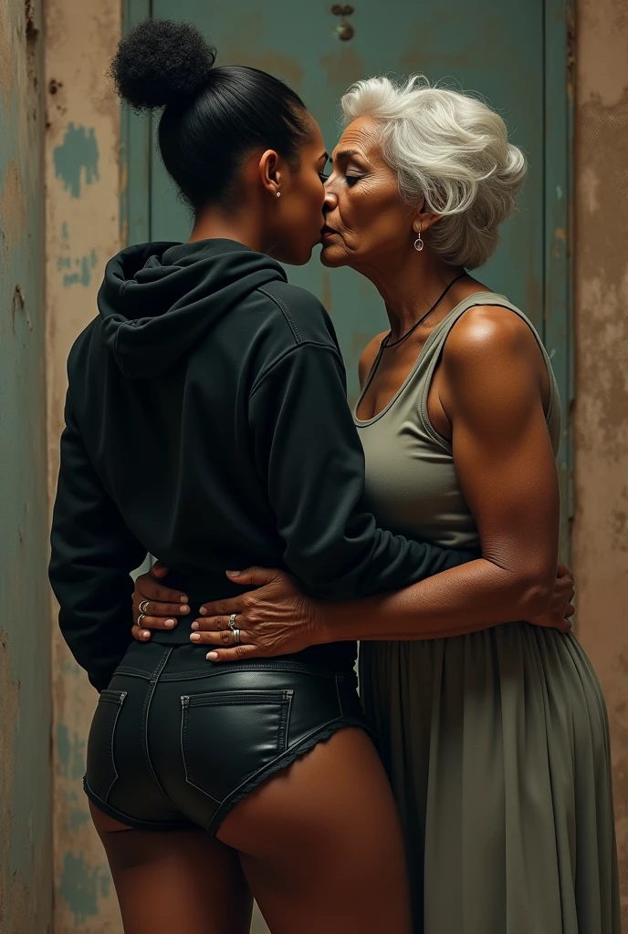 black woman hair in a bun black hoodie black leather short shorts a old grandma in a dress on her knees kissing her ass behind her squeezing her butt