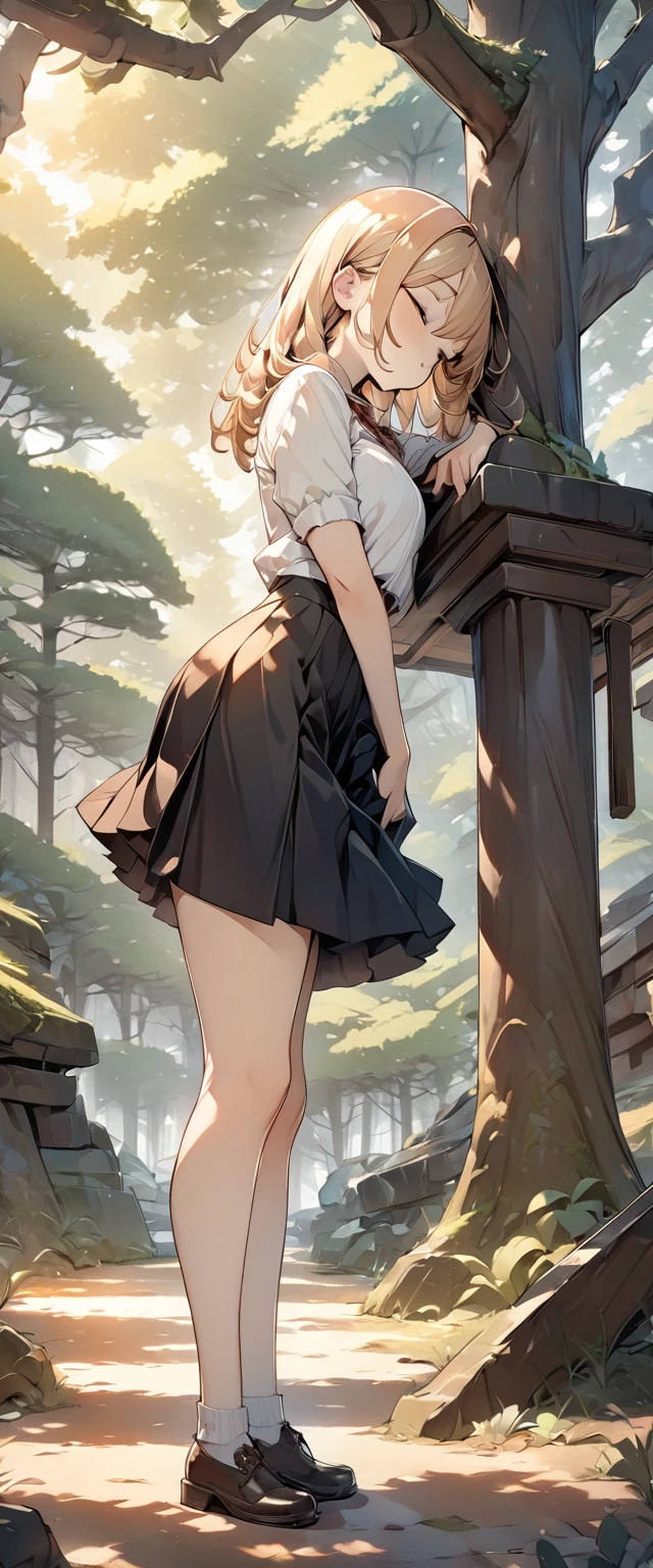 ((best quality)), ((masterpiece)), (detailed), 1girl, skirt, sleeping with head up, abstract forest background, anime graphics, 8k, wallpaper